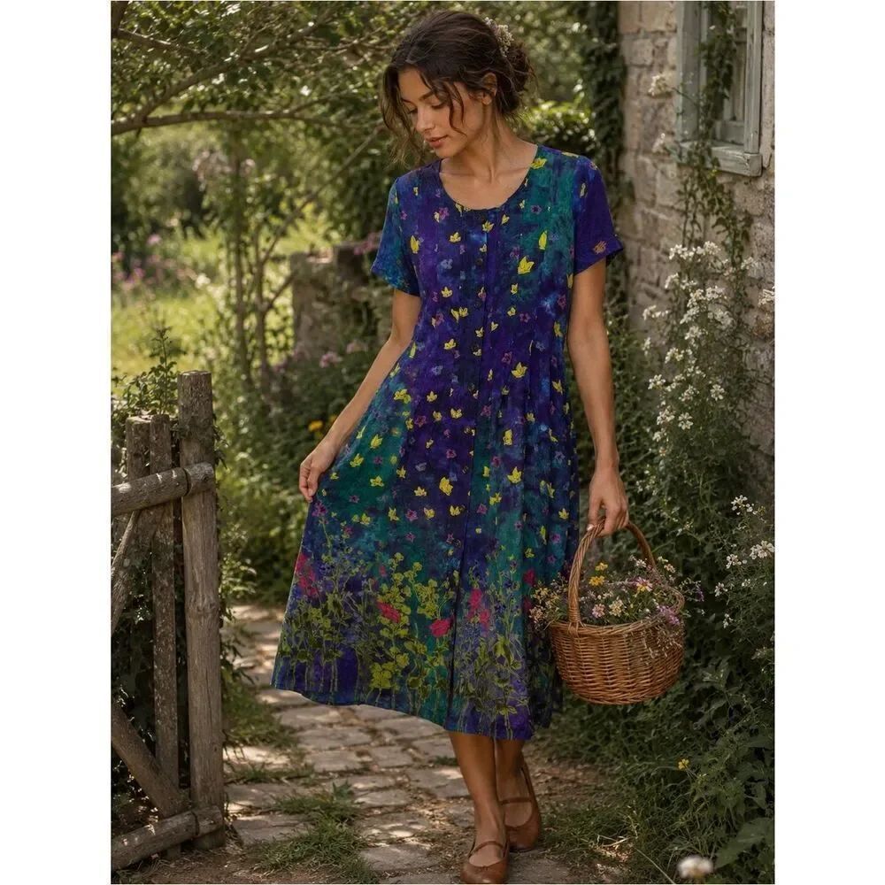 VTG La Cera Purple Turquoise Watercolor Dye Floral Butterfly Button Midi Dress M